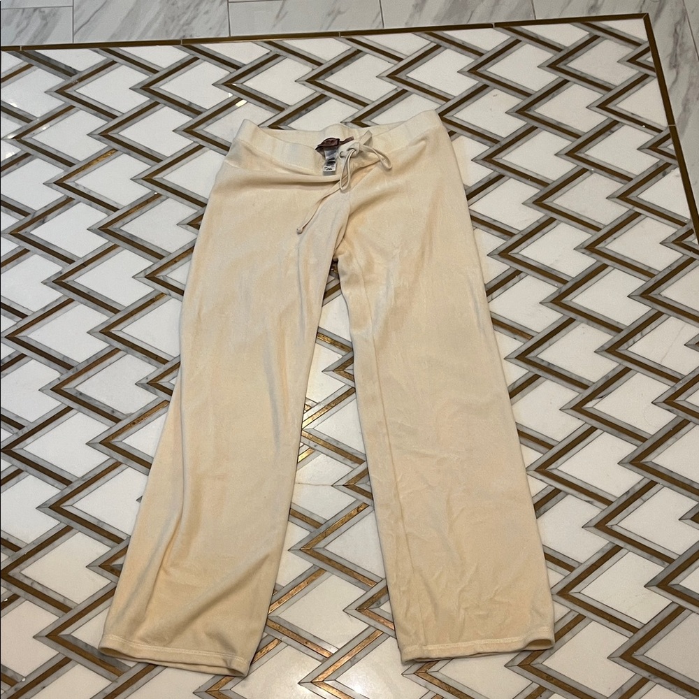 Juicy Couture Cream Pants with Rhinestone Logo Patch
